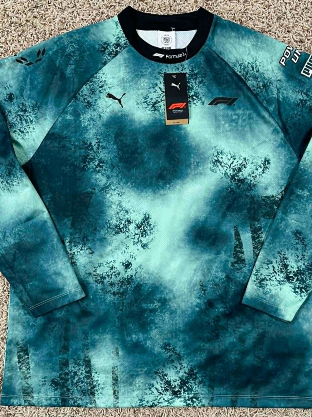 PUMA F1 Formula 1 Men’s Long Sleeve Jacquard Motorsports Tee Teal Green, Size L